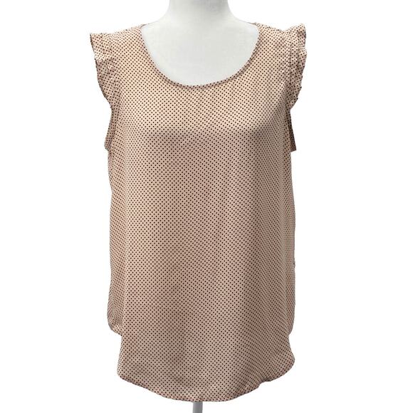 Adrianna Papell Sleeveless Polka Dot Blouse Medium Tan Black Ruffle Work Top - Picture 1 of 12
